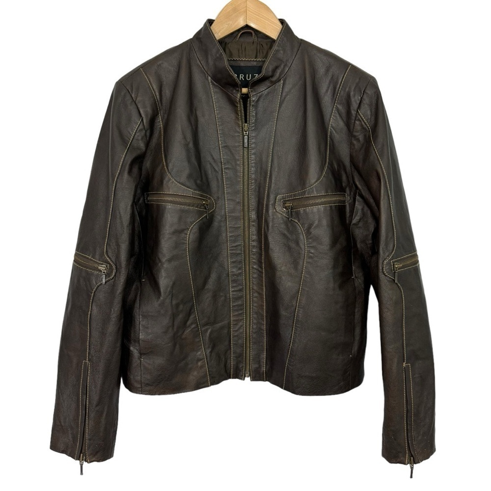 Cruze Leather Jacket Mens L Chocolate Brown Biker Cool Moto Grunge NICE! EUC